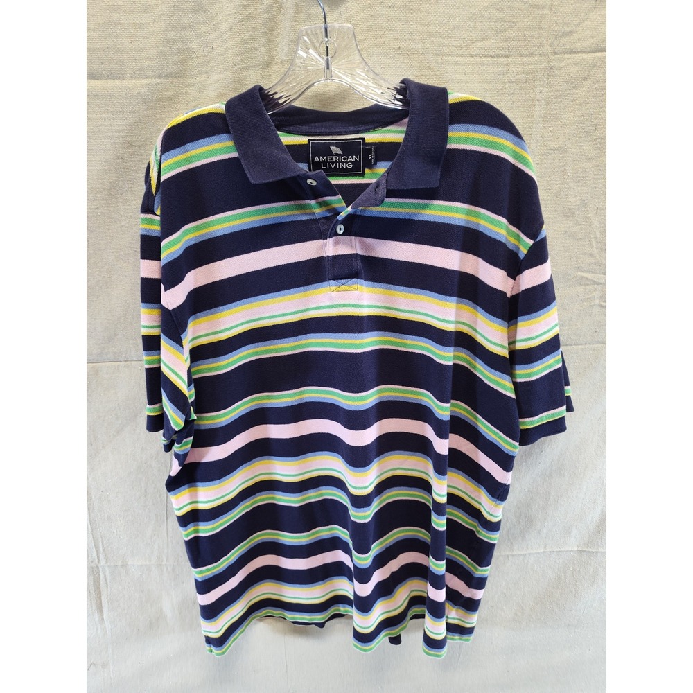 American Living Mens XL Polo Shirt Navy Pink Yellow Striped Short Sleeve Cotton